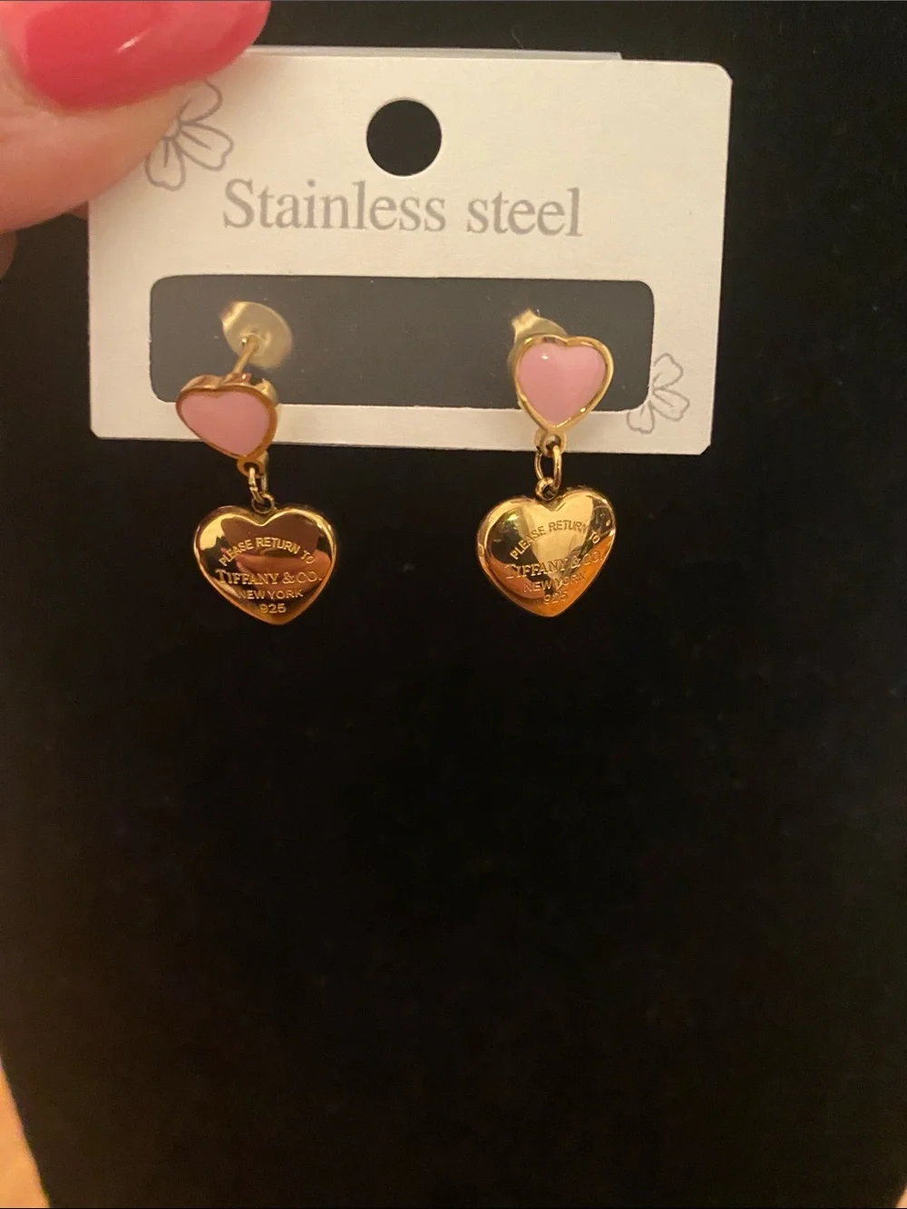 Gold & Pink Heart Drop Earrings - Stainless Steel